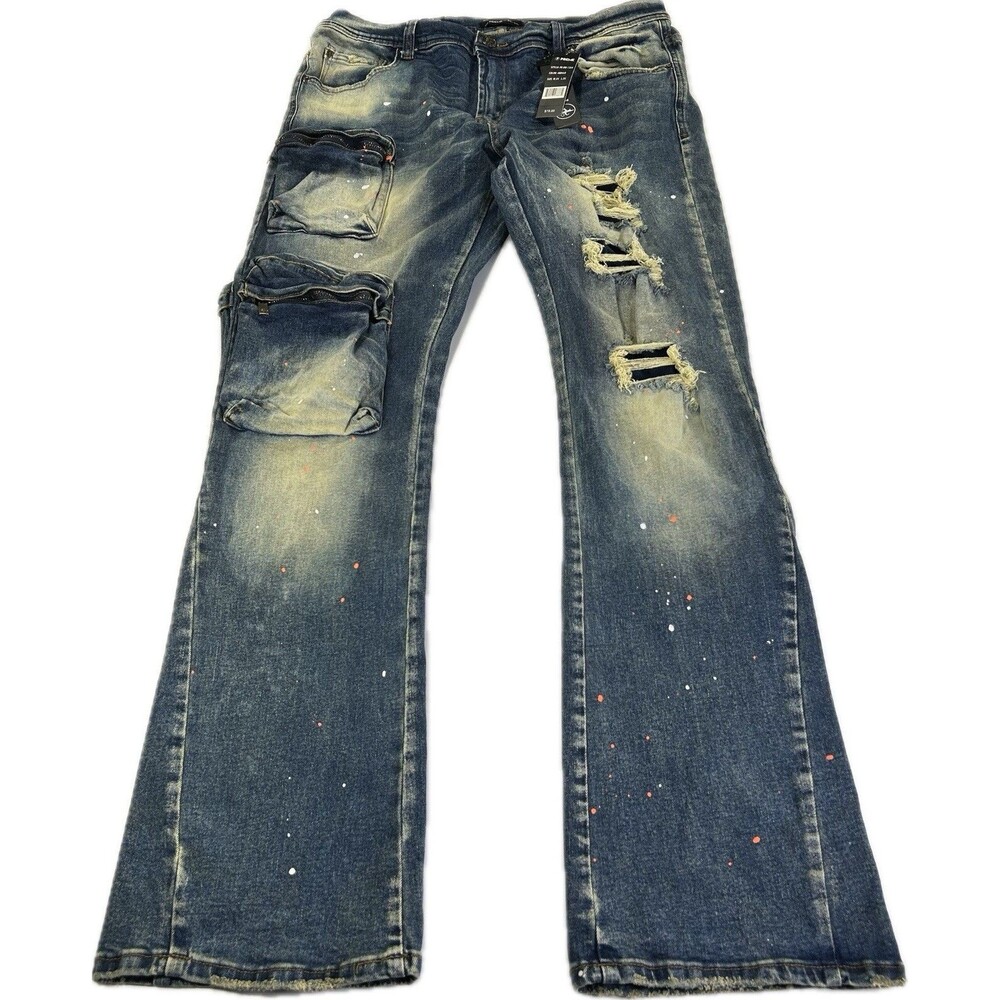 Preme Jeans Mens 36x34 Stacked Flare Fit Utility Distressed Denim Pocket Paint